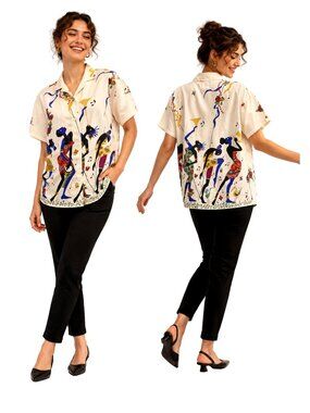 80s Rayon Camp Shirt Colorful African Dancer Music Print Blouse M